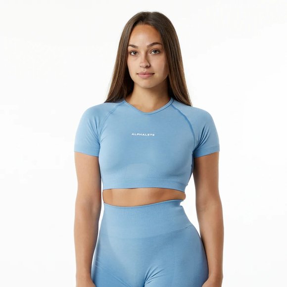 Amplify V-Neck Crop Top - Washed Denim - Alphalete Alphalete Athletics SMALL - Picture 6 of 9